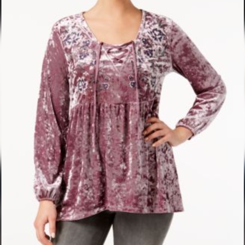 Style & Co Lilac Mauve Velvet Boho Babydoll Top Embroidery Flowers Tie Front 1X